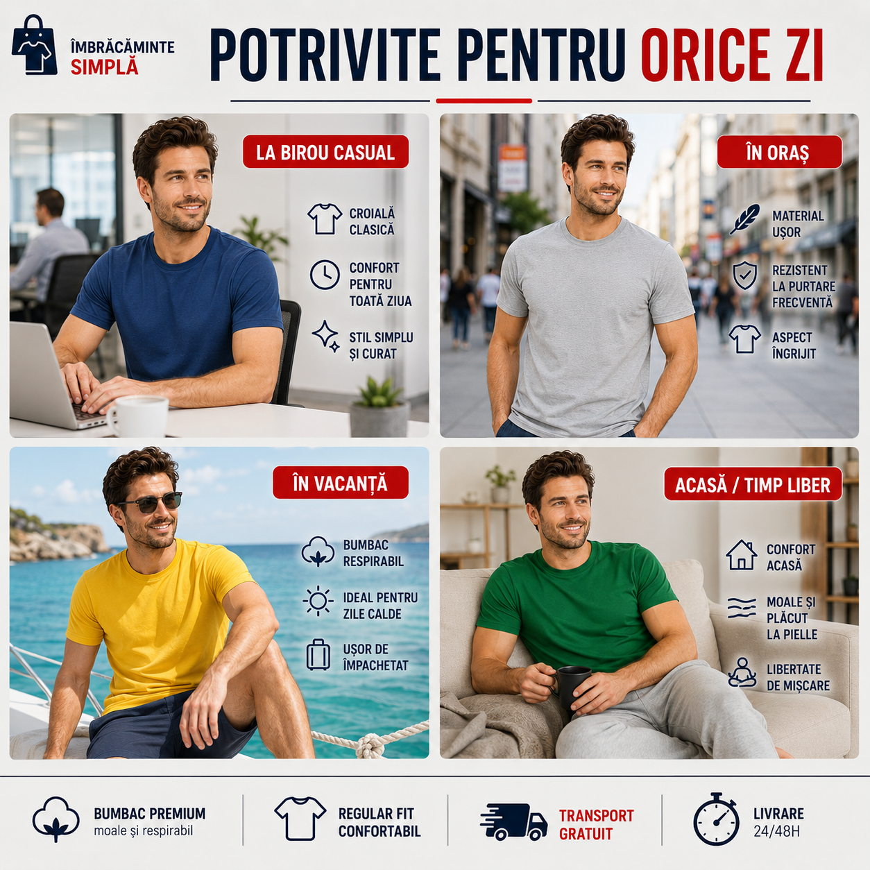 Set 10 tricouri bărbați 100% bumbac, croi clasic, culori esențiale